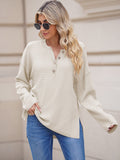 LC2722726-15-S, LC2722726-15-M, LC2722726-15-L, LC2722726-15-XL, Beige Women's Oversized Sweaters Batwing Sleeve Button Up Color Block Henley Pullover Knit Jumper