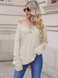 LC2722726-15-S, LC2722726-15-M, LC2722726-15-L, LC2722726-15-XL, Beige Women's Oversized Sweaters Batwing Sleeve Button Up Color Block Henley Pullover Knit Jumper