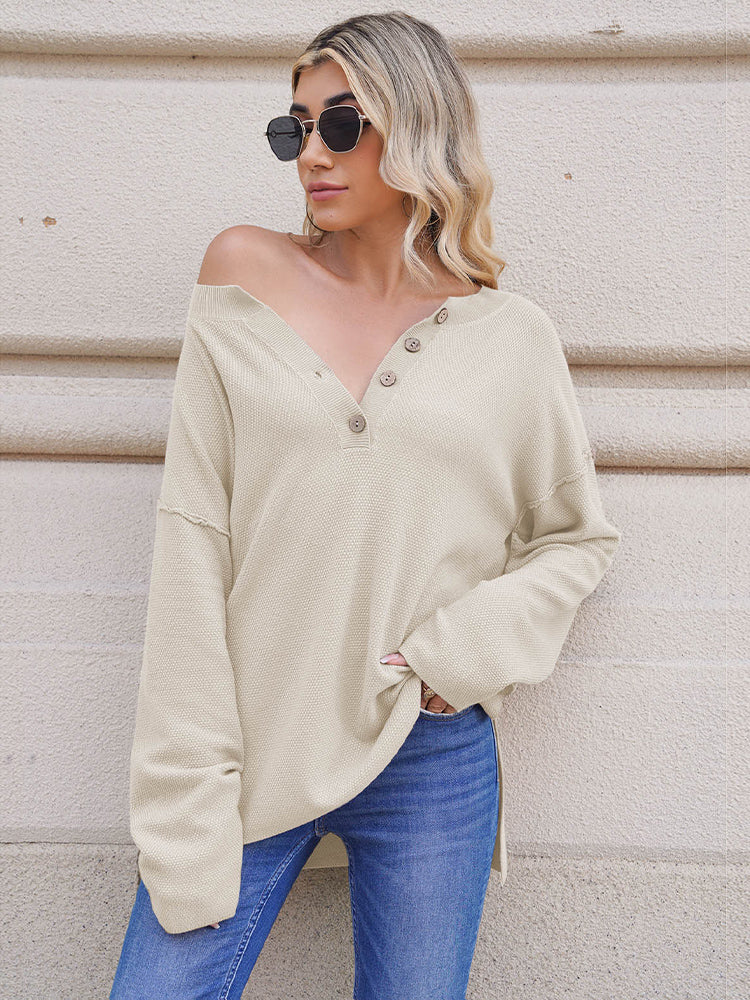 LC2722726-15-S, LC2722726-15-M, LC2722726-15-L, LC2722726-15-XL, Beige Women's Oversized Sweaters Batwing Sleeve Button Up Color Block Henley Pullover Knit Jumper