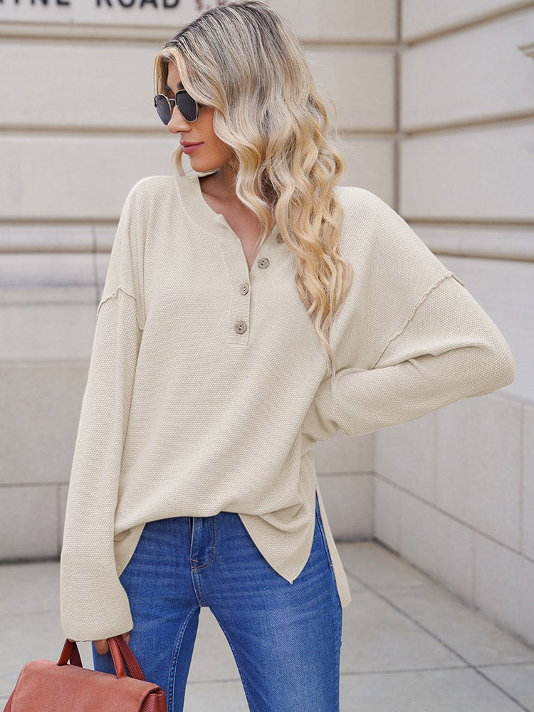 LC2722726-15-S, LC2722726-15-M, LC2722726-15-L, LC2722726-15-XL, Beige Women's Oversized Sweaters Batwing Sleeve Button Up Color Block Henley Pullover Knit Jumper
