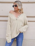 LC2722726-15-S, LC2722726-15-M, LC2722726-15-L, LC2722726-15-XL, Beige Women's Oversized Sweaters Batwing Sleeve Button Up Color Block Henley Pullover Knit Jumper