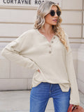 LC2722726-15-S, LC2722726-15-M, LC2722726-15-L, LC2722726-15-XL, Beige Women's Oversized Sweaters Batwing Sleeve Button Up Color Block Henley Pullover Knit Jumper
