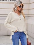 LC2722726-15-S, LC2722726-15-M, LC2722726-15-L, LC2722726-15-XL, Beige Women's Oversized Sweaters Batwing Sleeve Button Up Color Block Henley Pullover Knit Jumper