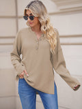LC2722726-16-S, LC2722726-16-M, LC2722726-16-L, LC2722726-16-XL, Khaki Women's Oversized Sweaters Batwing Sleeve Button Up Color Block Henley Pullover Knit Jumper