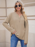 LC2722726-16-S, LC2722726-16-M, LC2722726-16-L, LC2722726-16-XL, Khaki Women's Oversized Sweaters Batwing Sleeve Button Up Color Block Henley Pullover Knit Jumper