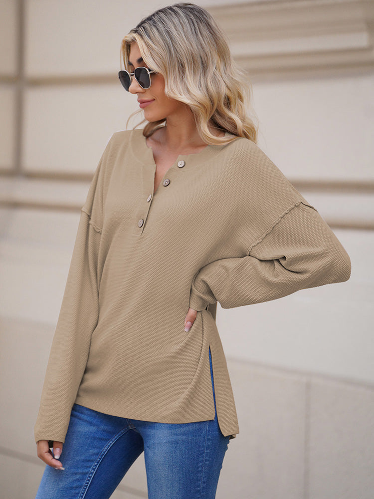 LC2722726-16-S, LC2722726-16-M, LC2722726-16-L, LC2722726-16-XL, Khaki Women's Oversized Sweaters Batwing Sleeve Button Up Color Block Henley Pullover Knit Jumper