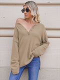 LC2722726-16-S, LC2722726-16-M, LC2722726-16-L, LC2722726-16-XL, Khaki Women's Oversized Sweaters Batwing Sleeve Button Up Color Block Henley Pullover Knit Jumper