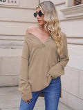 LC2722726-16-S, LC2722726-16-M, LC2722726-16-L, LC2722726-16-XL, Khaki Women's Oversized Sweaters Batwing Sleeve Button Up Color Block Henley Pullover Knit Jumper