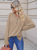 LC2722726-16-S, LC2722726-16-M, LC2722726-16-L, LC2722726-16-XL, Khaki Women's Oversized Sweaters Batwing Sleeve Button Up Color Block Henley Pullover Knit Jumper