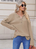 LC2722726-16-S, LC2722726-16-M, LC2722726-16-L, LC2722726-16-XL, Khaki Women's Oversized Sweaters Batwing Sleeve Button Up Color Block Henley Pullover Knit Jumper