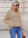 LC2722726-16-S, LC2722726-16-M, LC2722726-16-L, LC2722726-16-XL, Khaki Women's Oversized Sweaters Batwing Sleeve Button Up Color Block Henley Pullover Knit Jumper