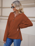 LC2722726-17-S, LC2722726-17-M, LC2722726-17-L, LC2722726-17-XL, Brown Women's Oversized Sweaters Batwing Sleeve Button Up Color Block Henley Pullover Knit Jumper