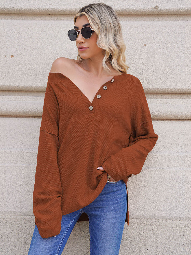 LC2722726-17-S, LC2722726-17-M, LC2722726-17-L, LC2722726-17-XL, Brown Women's Oversized Sweaters Batwing Sleeve Button Up Color Block Henley Pullover Knit Jumper