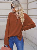 LC2722726-17-S, LC2722726-17-M, LC2722726-17-L, LC2722726-17-XL, Brown Women's Oversized Sweaters Batwing Sleeve Button Up Color Block Henley Pullover Knit Jumper