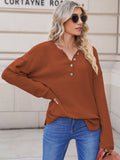 LC2722726-17-S, LC2722726-17-M, LC2722726-17-L, LC2722726-17-XL, Brown Women's Oversized Sweaters Batwing Sleeve Button Up Color Block Henley Pullover Knit Jumper