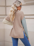 LC2722726-18-S, LC2722726-18-M, LC2722726-18-L, LC2722726-18-XL, Apricot Women's Oversized Sweaters Batwing Sleeve Button Up Color Block Henley Pullover Knit Jumper