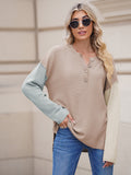 LC2722726-18-S, LC2722726-18-M, LC2722726-18-L, LC2722726-18-XL, Apricot Women's Oversized Sweaters Batwing Sleeve Button Up Color Block Henley Pullover Knit Jumper