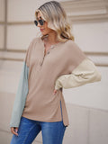 LC2722726-18-S, LC2722726-18-M, LC2722726-18-L, LC2722726-18-XL, Apricot Women's Oversized Sweaters Batwing Sleeve Button Up Color Block Henley Pullover Knit Jumper