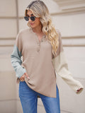 LC2722726-18-S, LC2722726-18-M, LC2722726-18-L, LC2722726-18-XL, Apricot Women's Oversized Sweaters Batwing Sleeve Button Up Color Block Henley Pullover Knit Jumper