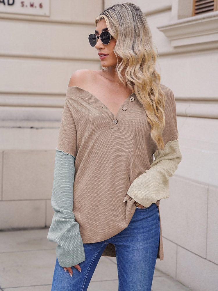 LC2722726-18-S, LC2722726-18-M, LC2722726-18-L, LC2722726-18-XL, Apricot Women's Oversized Sweaters Batwing Sleeve Button Up Color Block Henley Pullover Knit Jumper