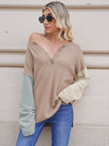 LC2722726-18-S, LC2722726-18-M, LC2722726-18-L, LC2722726-18-XL, Apricot Women's Oversized Sweaters Batwing Sleeve Button Up Color Block Henley Pullover Knit Jumper