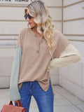 LC2722726-18-S, LC2722726-18-M, LC2722726-18-L, LC2722726-18-XL, Apricot Women's Oversized Sweaters Batwing Sleeve Button Up Color Block Henley Pullover Knit Jumper