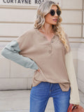 LC2722726-18-S, LC2722726-18-M, LC2722726-18-L, LC2722726-18-XL, Apricot Women's Oversized Sweaters Batwing Sleeve Button Up Color Block Henley Pullover Knit Jumper