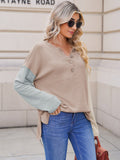 LC2722726-18-S, LC2722726-18-M, LC2722726-18-L, LC2722726-18-XL, Apricot Women's Oversized Sweaters Batwing Sleeve Button Up Color Block Henley Pullover Knit Jumper