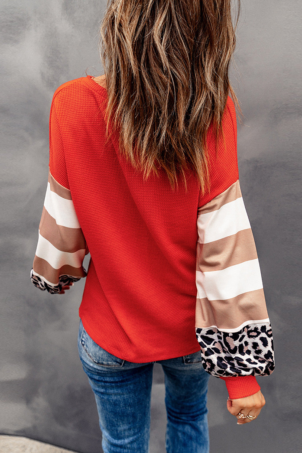 Christmas Tree Leopard Color Block Waffle Knit Top Long Sleeve Top