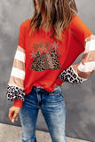 Christmas Tree Leopard Color Block Waffle Knit Top Long Sleeve Top