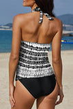 LC413090-2-S, LC413090-2-M, LC413090-2-L, LC413090-2-XL, LC413090-2-2XL, Black Floral Leopard Halter Tankini Set Bathing Suit Swimwear