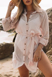LC42994-18-S, LC42994-18-M, LC42994-18-L, LC42994-18-XL, Apricot Casual Long Sleeve Striped Shirt Dress Beach Swimsuit Cover Ups with Belt