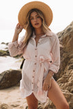 LC42994-18-S, LC42994-18-M, LC42994-18-L, LC42994-18-XL, Apricot Casual Long Sleeve Striped Shirt Dress Beach Swimsuit Cover Ups with Belt