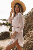 LC42994-18-S, LC42994-18-M, LC42994-18-L, LC42994-18-XL, Apricot Casual Long Sleeve Striped Shirt Dress Beach Swimsuit Cover Ups with Belt