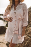 LC42994-18-S, LC42994-18-M, LC42994-18-L, LC42994-18-XL, Apricot Casual Long Sleeve Striped Shirt Dress Beach Swimsuit Cover Ups with Belt