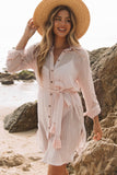 LC42994-18-S, LC42994-18-M, LC42994-18-L, LC42994-18-XL, Apricot Casual Long Sleeve Striped Shirt Dress Beach Swimsuit Cover Ups with Belt