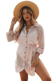 LC42994-18-S, LC42994-18-M, LC42994-18-L, LC42994-18-XL, Apricot Casual Long Sleeve Striped Shirt Dress Beach Swimsuit Cover Ups with Belt