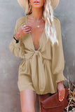 LC643624-15-S, LC643624-15-M, LC643624-15-L, LC643624-15-XL, LC643624-15-2XL, Beige Women's Sexy V Neck Jumpsuits Chiffon Tie Knot Front Puff Long Sleeve Romper