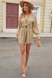 LC643624-15-S, LC643624-15-M, LC643624-15-L, LC643624-15-XL, LC643624-15-2XL, Beige Women's Sexy V Neck Jumpsuits Chiffon Tie Knot Front Puff Long Sleeve Romper