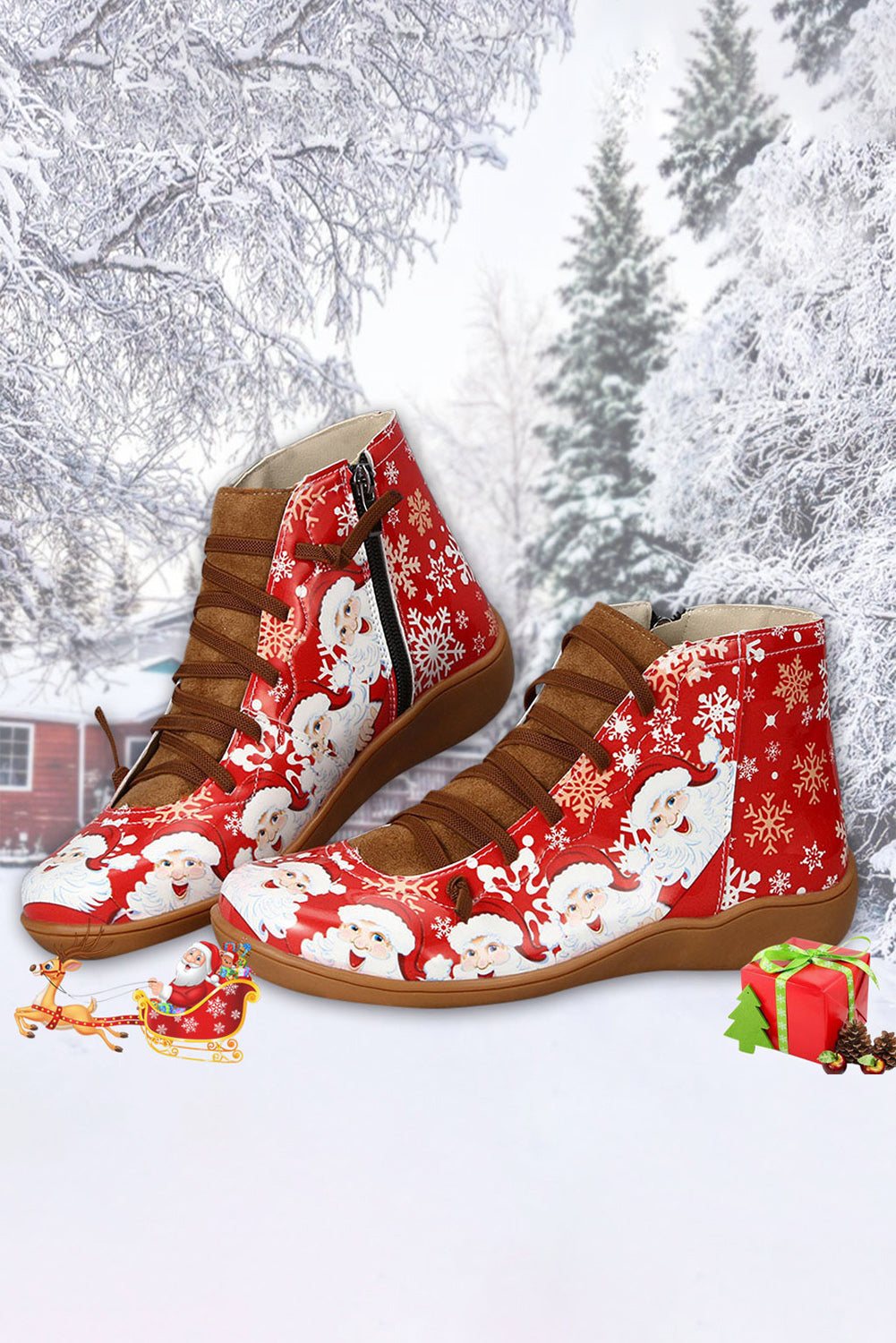 Christmas Ankle Boots Xmas Stanta Claus PU Leather Boots for Women
