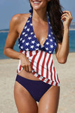 LC413090-3-S, LC413090-3-M, LC413090-3-L, LC413090-3-XL, LC413090-3-2XL, Red Floral Leopard Halter Tankini Set Bathing Suit Swimwear