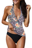 LC413090-20-S, LC413090-20-M, LC413090-20-L, LC413090-20-XL, LC413090-20-2XL, Floral Leopard Halter Tankini Set Bathing Suit Swimwear