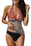 LC413090-22-S, LC413090-22-M, LC413090-22-L, LC413090-22-XL, LC413090-22-2XL, Multicolor Floral Leopard Halter Tankini Set Bathing Suit Swimwear