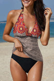 LC413090-22-S, LC413090-22-M, LC413090-22-L, LC413090-22-XL, LC413090-22-2XL, Multicolor Floral Leopard Halter Tankini Set Bathing Suit Swimwear