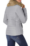 LC85117-1011-2XL, LC85117-1011-L, LC85117-1011-M, LC85117-1011-S, LC85117-1011-XL, Glacier Grey Winter Coats for Women Camel Faux Fur Collar Trim Black Quilted Jacket Outerwear