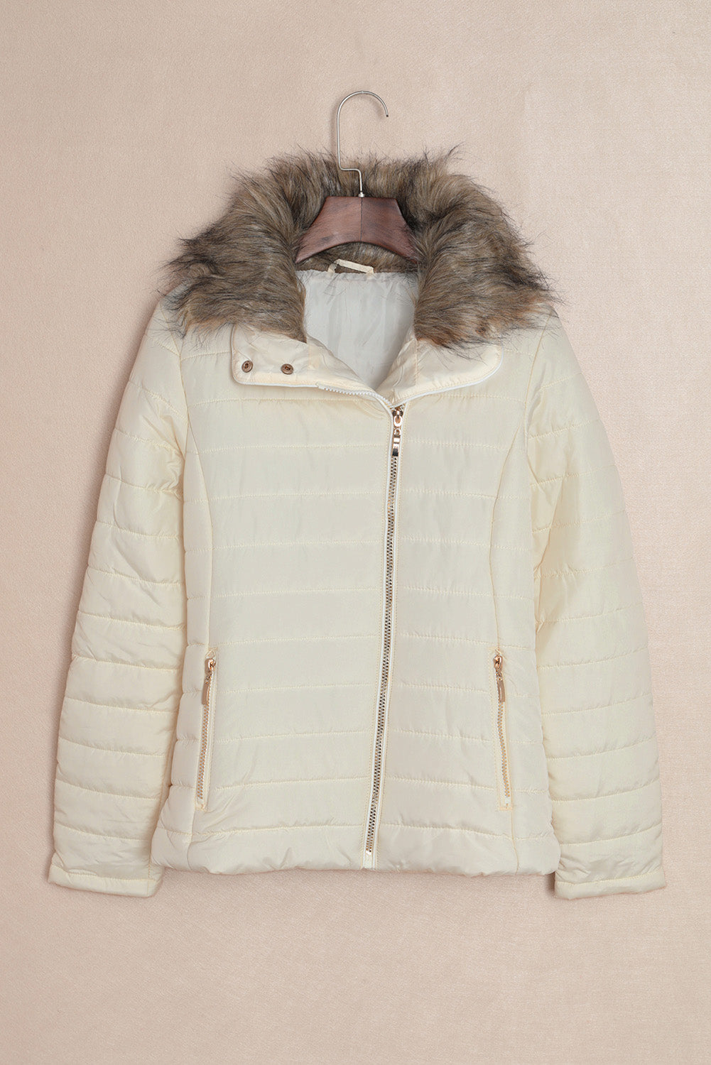 LC85117-15-XXL, LC85117-15-XL, LC85117-15-L, LC85117-15-M, LC85117-15-S, LC85117-15-2XL, Beige Winter Coats for Women Camel Faux Fur Collar Trim Black Quilted Jacket Outerwear