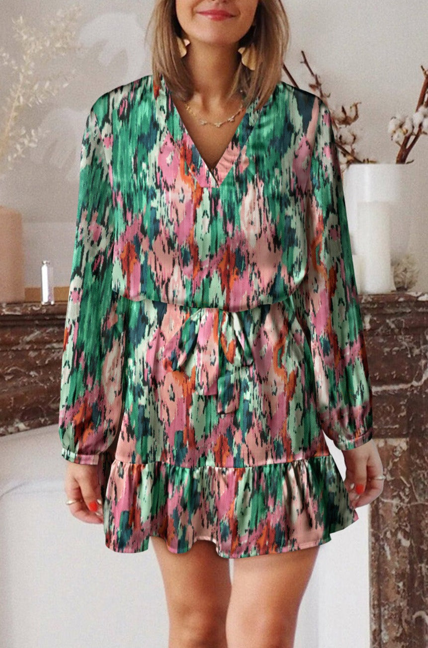 LC6113203-10-S, LC6113203-10-M, LC6113203-10-L, LC6113203-10-XL, Pink Women's Abstract Print Ruffled Drawstring High Waist Mini Dress with Belt