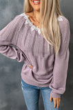 Women's Pink One Shoulder Lace Contrast Back Knot Sweater