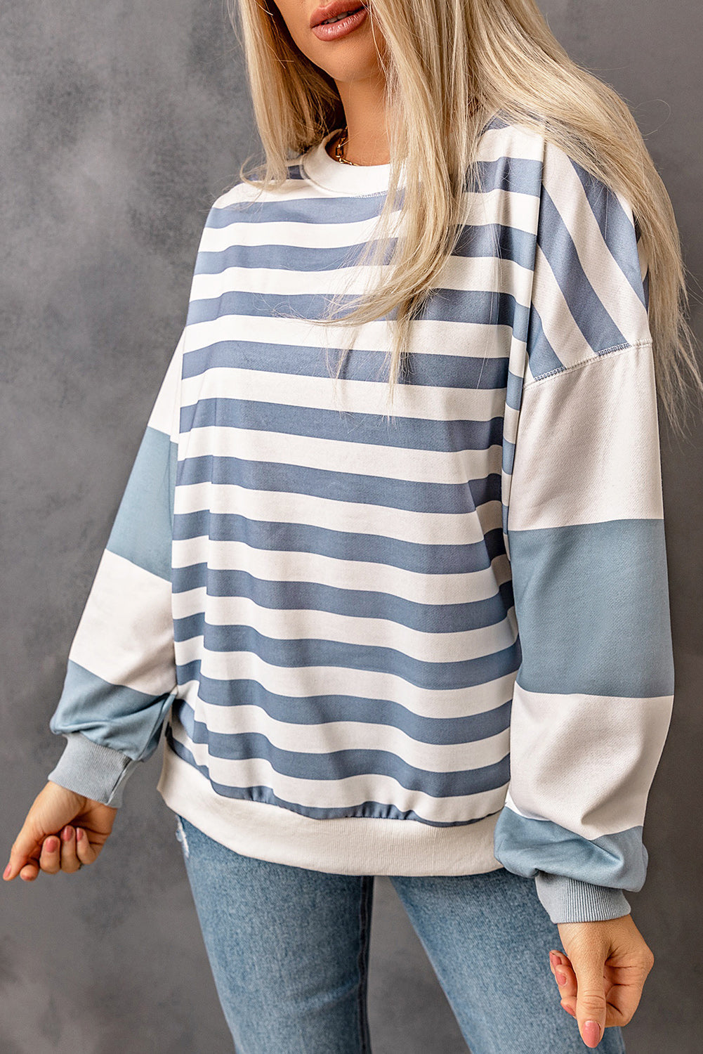 Women's Casual Color Block Drop Shoulder Striped Pullover Sweatshirt
