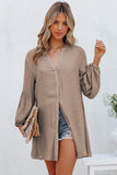 LC2552553-16-S, LC2552553-16-M, LC2552553-16-L, LC2552553-16-XL, LC2552553-16-2XL, Khaki Womens Long Sleeve Oversized Blouses Tops Button Up Bishop Sleeve Shirt